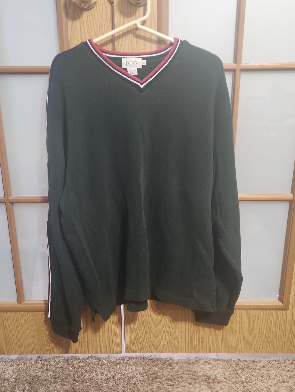 J. Crew Men's Dark Green V-Neck Sweater with Red and White Trim XL
